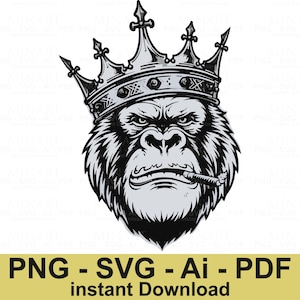 King Gorilla Svg, Bold Gorilla King Svg Png, Black and White Crowned Gorilla , Streetwear Tattoo Art, Digital Download for Apparel & Print
