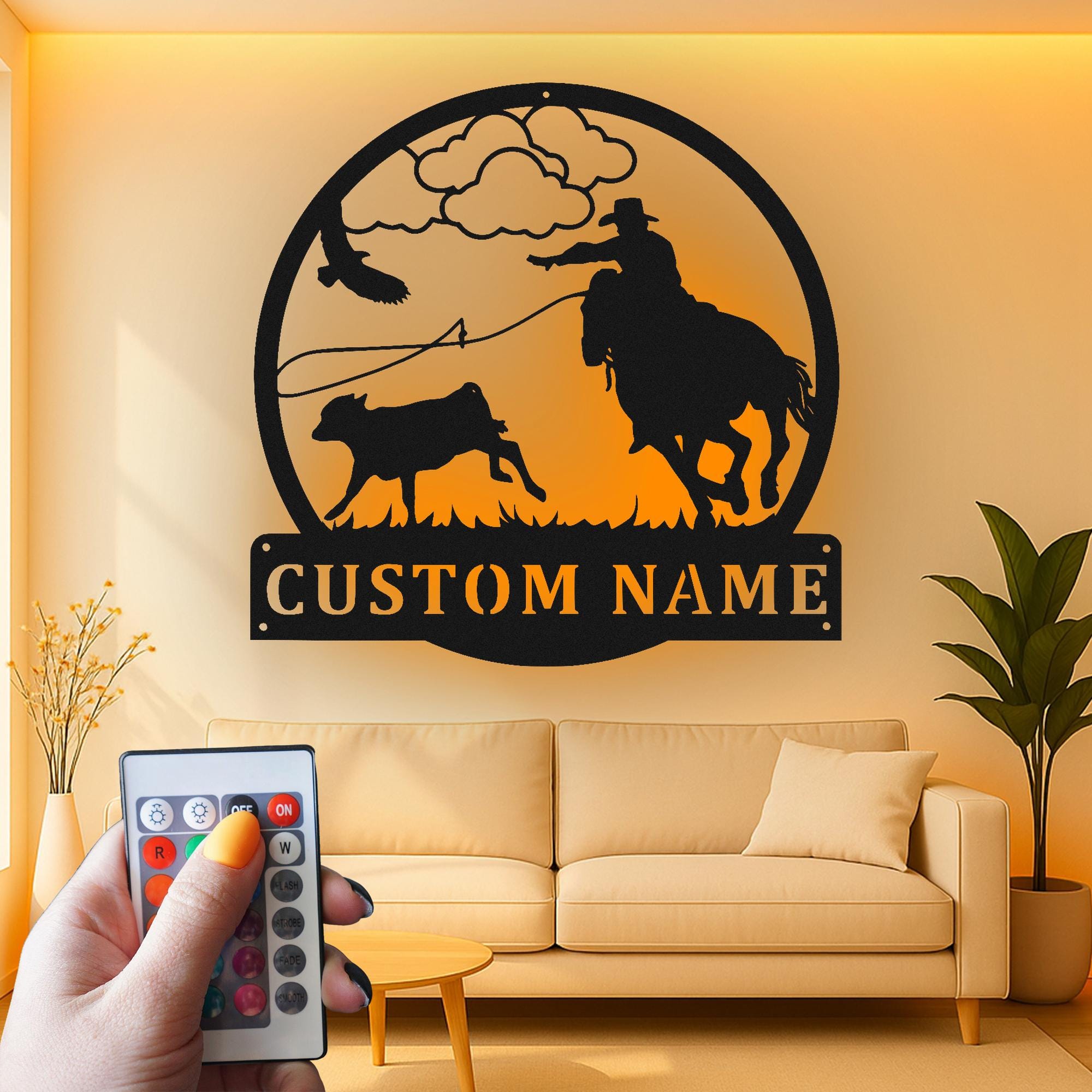 Custom Cowboy Roping Calf Led Light Metal Wall Art, Western Rodeo Ranch Decor, Personalized Gift for Rancher or Horse Lover