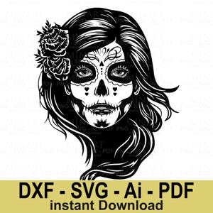 Skull Woman Svg Dxf Png Pdf, Day of the Dead Lady Digital Download, Floral Skull Face Design for Cricut Silhouette Cut Files