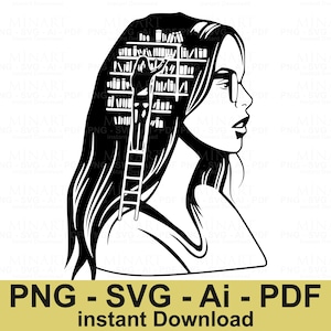 Vrouw lezen boekenplank Svg, vrouw silhouet boekenliefhebber digitale download, bibliothecaris cadeau ontwerp, Cricut gesneden bestand Png Pdf