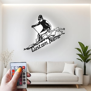 Custom Alpine Skier Led Light Metal Wall Art, Personalized Skiing Sport Decor, Winter Athlete Gift for Ski Lovers, Ski Lodge Accent
