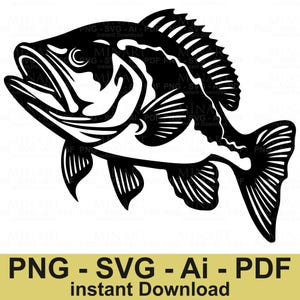 Bass Fish SVG, Fishing Silhouette, Fish Clipart Vector, Black Fish PNG, Fisherman Logo Design, Instant Download for Cricut & Silhouette