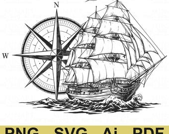 4 帆船 SVG 4 カット ファイル、航海用コンパス シルエット