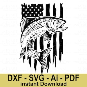 Trout Fish American Flag Svg Dxf Png Pdf, Fishing Patriotic Digital File, Fisherman Cricut Silhouette Laser Cut Design