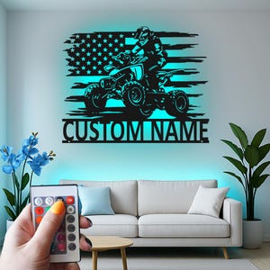 Custom ATV Rider Led Light Metal Wall Art, Personalized Quad Biking American Flag Metal Wall Art Gift for Riders