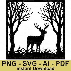 Deer Forest Scene Svg Dxf PDF Ai Vector File, Deer in Trees Laser Cut DXF Design, Rustic Wildlife Silhouette for Cricut and CNC Download