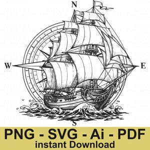 Könnte beinhalten: Eine Schwarzweiß-Zeichnung eines Segelschiffs mit einem Kompass dahinter. Das Schiff hat ein volles Segel und segelt auf einem wellenförmigen Meer. Der Kompass zeigt die Himmelsrichtungen N, S, O und W.