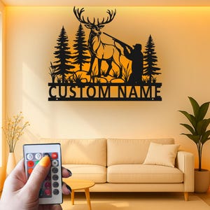 Custom Deer Hunting Scene Led Light Metal Wall Art, Hunter Aiming Rifle, Personalized Wildlife Decor Gift for Hunter&#39;s Cabin