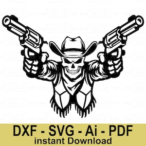 Cowboy schedel Svg Western Gunslinger skelet digitaal bestand, Wild West Revolver Vector Clipart, Cricut Dxf Png Pdf