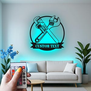 Custom Crossed Pipe Wrench & Adjustable Wrench Led Light Metal Wall Art, Personalized Mechanic Garage Decor Gift