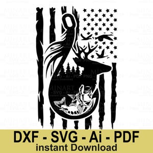 American Flag Deer Hunting & Bass Fishing Svg Dxf Png Pdf Digital Download for Cricut Silhouette Outdoor Sportsman Design