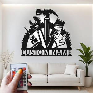 Niestandardowe narzędzia stolarskie LED Light Metal Wall Art, spersonalizowany wystrój warsztatu, realistyczny prezent w postaci sylwetki narzędzia majsterkowicza dla stolarza