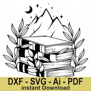 Books and Mountains SVG, Moon Stars Nature Reading Clipart, Book Lover Dxf Png Pdf Digital File for Cricut Silhouette Crafting