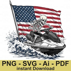 Op de afbeelding: Een skelet dat op een jetski rijdt met een Amerikaanse vlag die achter hem wappert. De jetski bevindt zich in het water en maakt een golf.
