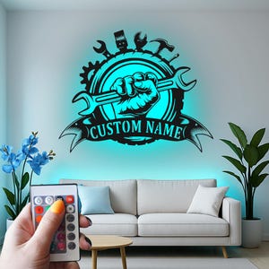 Custom Auto Mechanic Fist Holding Wrench Led Light Metal Wall Art, Personalized Garage Workshop Decor, Gift for Mechanic Dad