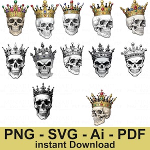 Skull with Crown SVG PNG Ai PDF Bundle, Gothic Skull King Clipart, Royal Skeleton Head Design, Instant Download for Printing