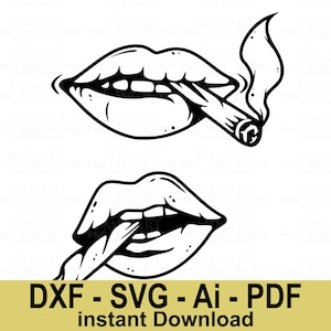 Puede incluir: Dos ilustraciones en blanco y negro de un par de labios mordiendo un cigarrillo. La ilustración superior muestra el cigarrillo con humo saliendo de él. La ilustración inferior muestra el cigarrillo sostenido entre los dientes.