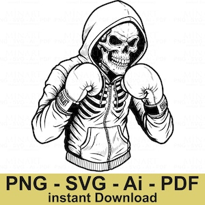 Puede incluir: Ilustración en blanco y negro de un esqueleto con una sudadera con capucha y guantes de boxeo. El esqueleto tiene una expresión amenazante y está listo para luchar.