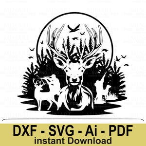 Reh Jagd Szene Dxf Png Pdf, Wildtiere Natur Silhouette, Jäger und Buck Digital Cut Files für Cricut Laser Instant Download