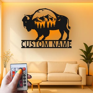 Custom American Bison Led Light Metal Wall Art, Mountain Forest Landscape Silhouette, Rustic Wildlife Decor for Cabin