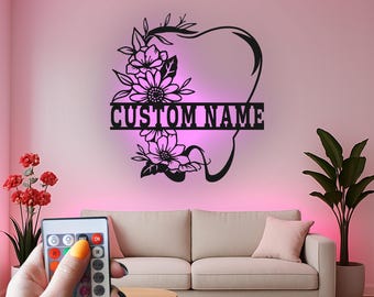 Custom Floral Tooth Led Light Metal Wall Art, Personalized Dentist Gift, Dental Office Decor, Elegant Hygienist Wall Hanging