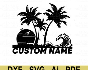 Tropischer Strand Benutzerdefinierte Name Wandkunst, Laser Cut Datei (SVG, DXF, PDF)