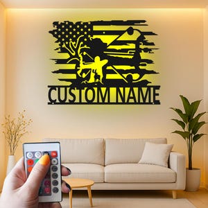 Custom Bow Hunter Led Light Metal Wall Art, Realistic Archery Hunting Silhouette, Patriotic USA Flag Decor, Gift for Hunters
