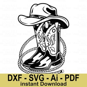 Cowboy Hat and Boots SVG, Western Rodeo Clipart Digital File, Cowboy Rope Vector Graphic for Cricut Silhouette DIY Projects