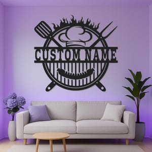 Custom BBQ Grill Led Light Metal Wall Art, Personalized Grilling Decor Gift for Grill Master, Backyard Patio Decor