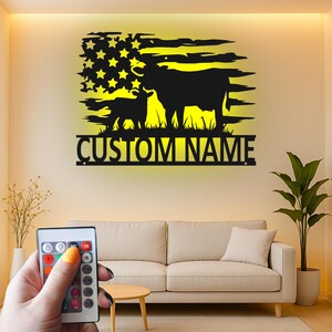 Custom Cow and Calf Silhouette Led Light Metal Wall Art, Rustic Farmhouse Decor, Personalized Ranch Gift for Farmers