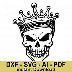 Crowned Skull Svg Dxf Png Pdf Digital Download, Gothic Skeleton Clipart for Cricut, Silhouette Tattoo Design