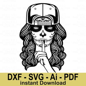 Sugar Skull Girl Svg, Day of the Dead Woman with Baseball Cap Digital Cut File, Tattoo Style Design for Cricut Silhouette