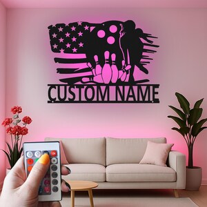 Custom Girl Bowling Player Silhouette Led Light Metal Wall Art, Personalized Bowler Gift, American Flag Decor for Bowling Alley