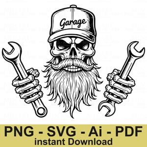 Puede incluir: Ilustración en blanco y negro de una calavera con una gorra con la palabra "Garage" y una larga barba. La calavera sostiene dos llaves inglesas en manos esqueléticas. La imagen incluye el texto "PNG - SVG - Ai - PDF instant Download".