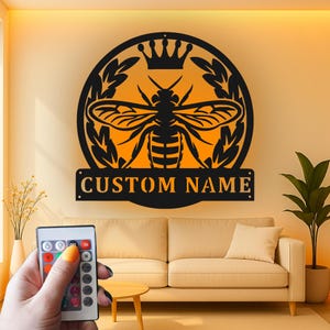 Custom Queen Bee Led Light Metal Wall Art, Personalized Honeybee Decor, Queen Bee Metal Wall Art Gift for Beekeeper, Garden Decor
