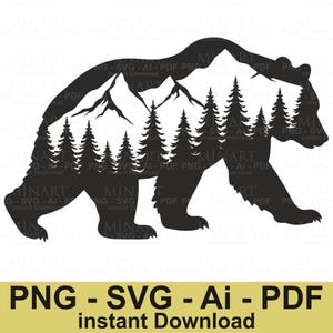 Bear Forest SVG, Mountain Bear Silhouette, Wilderness Animal Clipart, Black Bear Forest PNG, Outdoor Nature Cut File, Instant Download