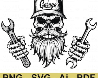 Bearded Skull Mechanic SVG, Garage Wrench Clipart (Digital Download)