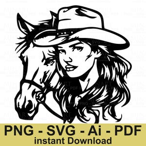 Western Cowgirl and Horse Svg Png Dxf Pdf Digital Download, Country Girl Cowboy Hat Design for Cricut Silhouette