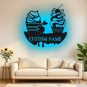 Custom Cupcake and Cherry Dessert Led Light Metal Wall Art, Personalized Bakery Decor, Sweet Treat Kitchen Sign Gift