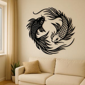 Yin Yang Koi Fish Metal Wall Art, Zen Decor, Japanese Style Fish Decor, Feng Shui Wall Hanging, Gift for Fish Lovers, Living Room Art