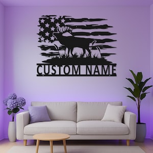 Custom Bull Moose Silhouette Led Light Metal Wall Art with American Flag Design, Rustic Wildlife Decor for Cabin or Hunter Gift