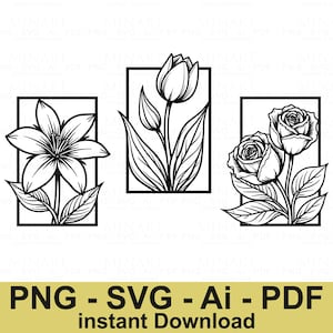 Blumen-Set svg dxf Laser Cut-Datei, Florale Metall Kunst Schnitt Vorlage, GlowForge CNC Rose Decor, Botanische Silhouette DXF, Blumenschnitt Dxf Laser