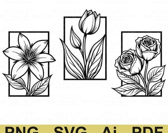 File di taglio laser floreale, rosa, giglio, tulipano SVG DXF (download digitale)