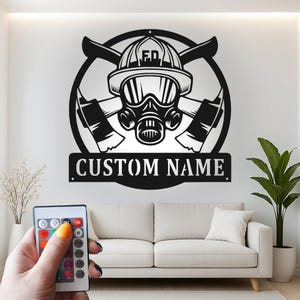 Custom Firefighter Led Light Metal Wall Art, Personalized Firefighter Gift, Firehouse Decor, Fireman Helmet Decor