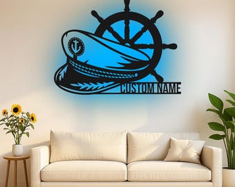 Custom Nautical Captain Hat Led Light Metal Wall Art, Personalized Maritime Ship Wheel Decor, Sailor Gift Idea