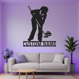 Custom Female Curling Player Led Light Metal Wall Art, Personalized Curler Silhouette Decor, Unique Gift for Curling Enthusiast