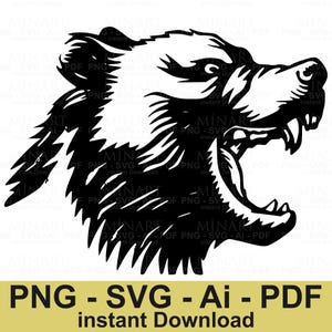 Angry Bear Head Svg, Fierce Animal Clipart, Wildlife Silhouette Design, Digital Cut File for Cricut & Silhouette, Instant Download