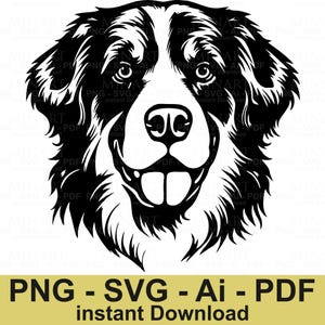 Berner Sennenhund SVG, Hunde Gesicht Silhouette, Bauernhofhund Schnittdatei, schwarze Linie Kunst, sofortiger Download für Cricut & Silhouette