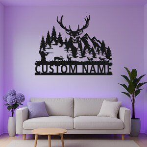 Custom Deer Hunting Scene Led Light Metal Wall Art, Personalized Hunter Silhouette Forest Mountain Decor Gift