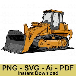 Puede incluir: Ilustración de una excavadora naranja con una cuchilla y orugas negras. La excavadora tiene una cabina con ventanas y está sobre un fondo blanco. El texto "PNG - SVG - Ai - PDF instant Download" está en la parte inferior.